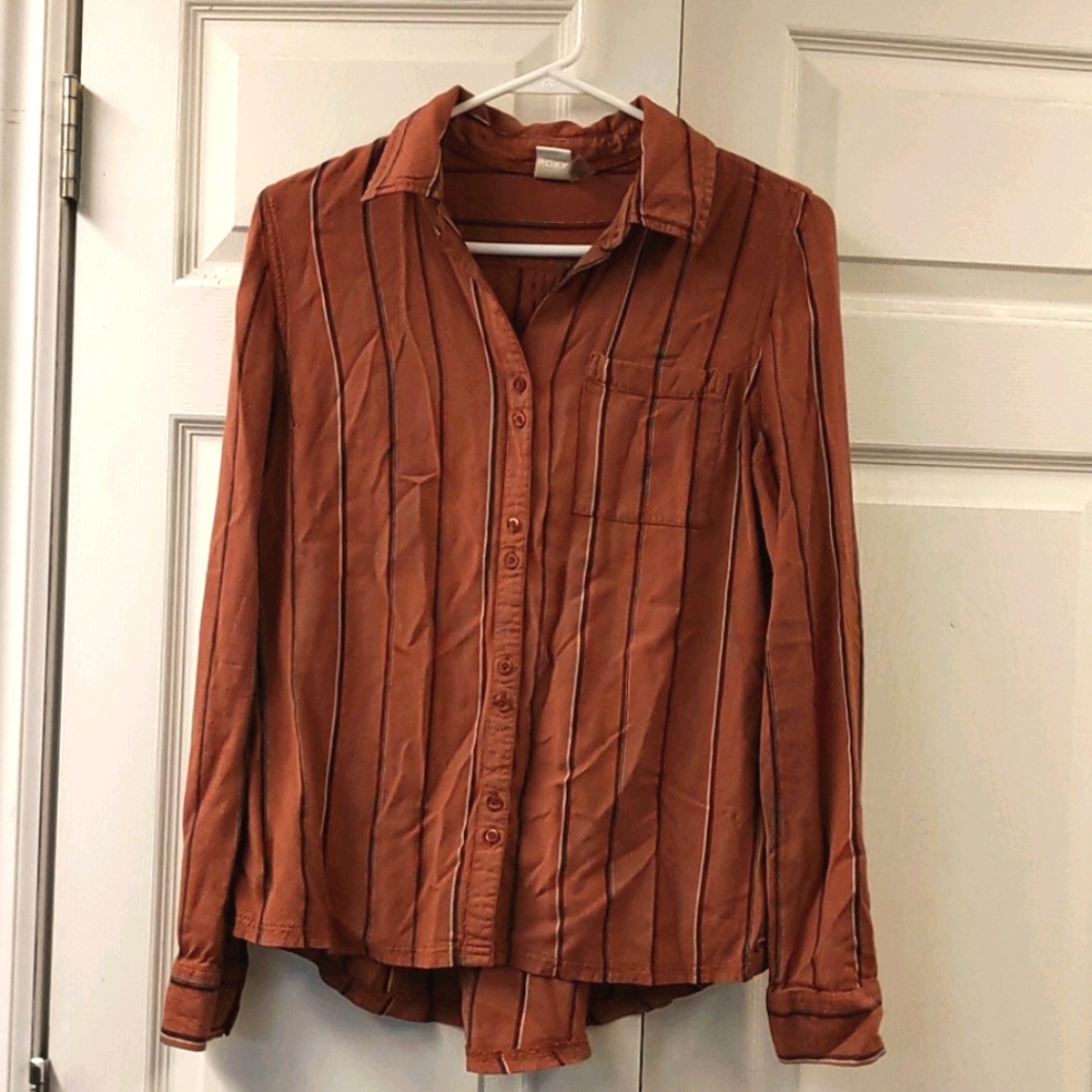 Roxy Long Sleeve Rust with Stripes Button Up top